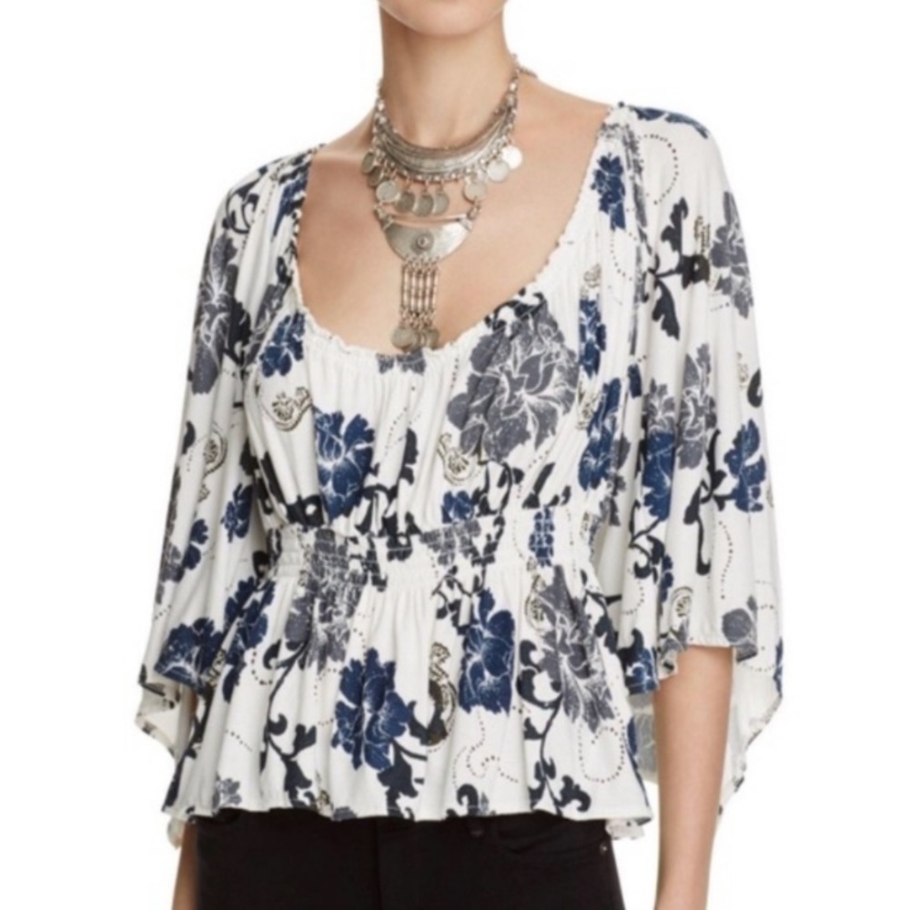 Boho Floral Peasant Top - Navy/White